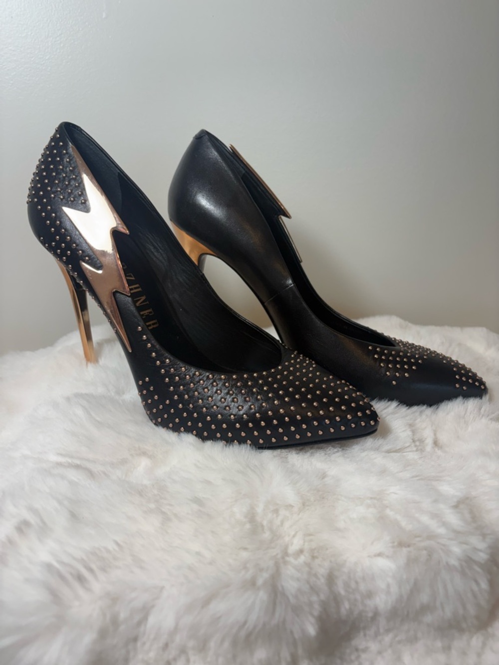 Ivy Kirzhner 9.5 Black Studded Pointed-Toe High Heels with Rose Gold Accents